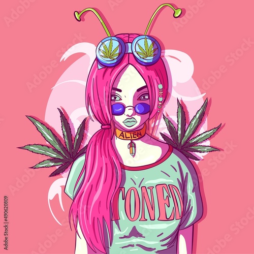 Pale girl with marijuana leaves and alien antennae. Stoner and psychedelic conceptual art with cannabis leaves and a high woman. Portrait of a millennial with round hippie eyeglasses.