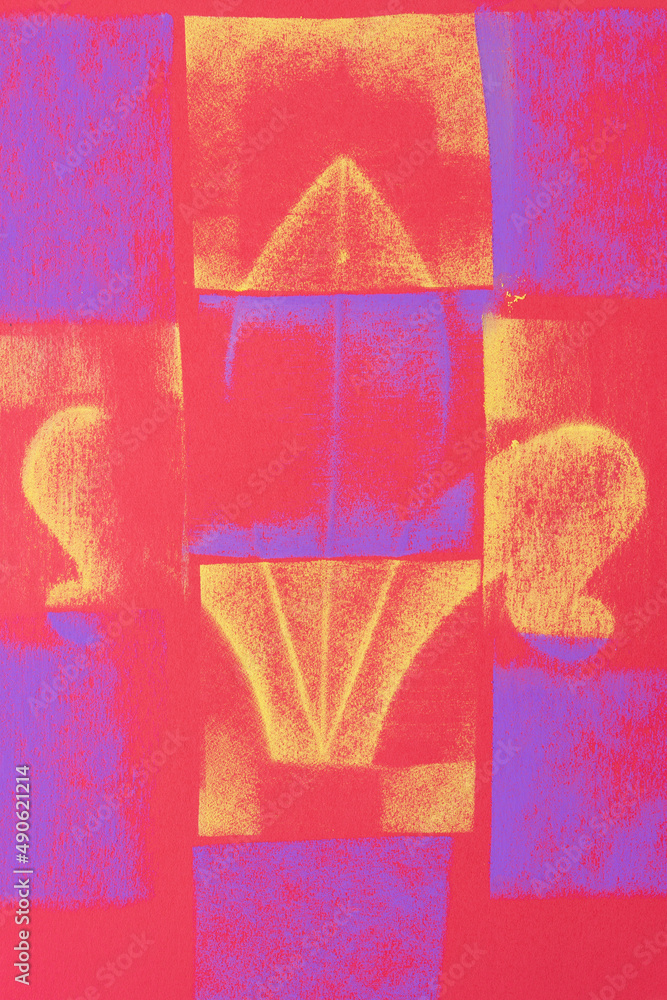 pastel chalk impression of a broken finial in violet and yellow on red paper