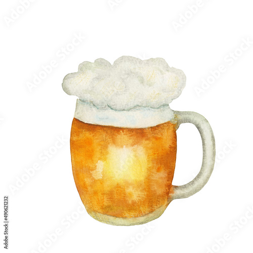 A mug of beer with lush foam. Watercolor illustration for St. Patrick's Day and October fest celebration. Glass of beer. Hand-drawn picture for restaurant, party, pub, bar design