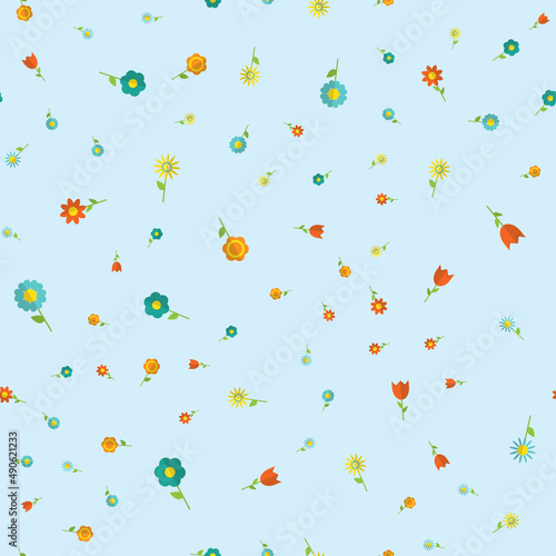Flat cartoon style illustration nature landscape with colorful flowers. seaml...