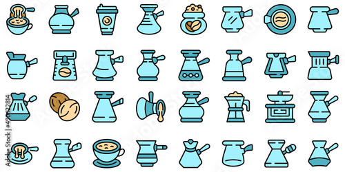 Turkish coffee pot icons set outline vector. Arabic coffee. Cafe cook
