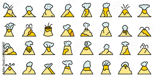 Volcanic eruption icons set outline vector. Adventure climb. Volcano active