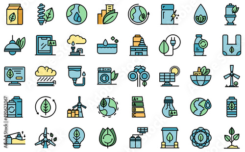 Environmentally friendly consumption icons set outline vector. Bio energy. Sustainable electricity