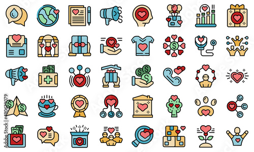 Generosity icons set outline vector. Donate food. Charity volunteer