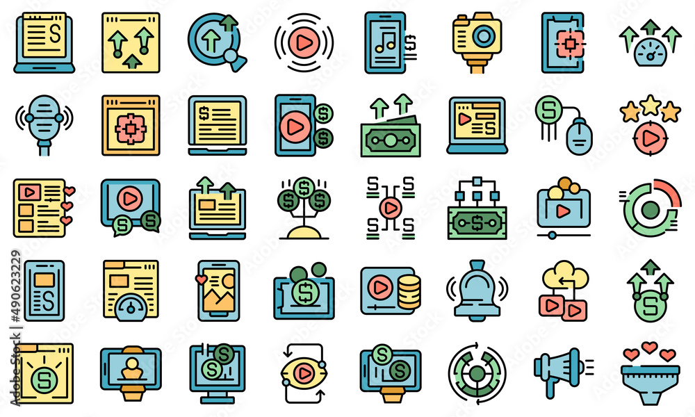 Monetization icons set outline vector. Income website. Passive remote