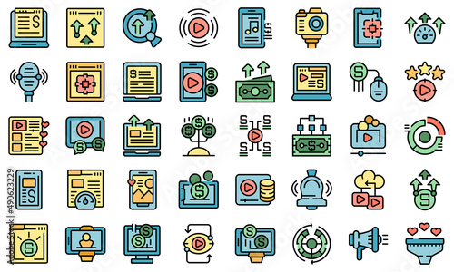 Monetization icons set outline vector. Income website. Passive remote