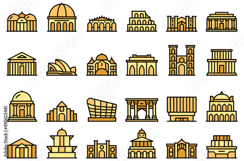 Opera house icons set outline vector. Architecture building. Historic house