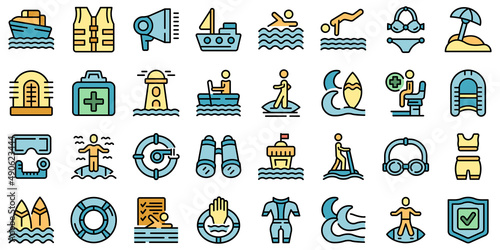 Water safety training icons set outline vector. Beach assistance. Float help