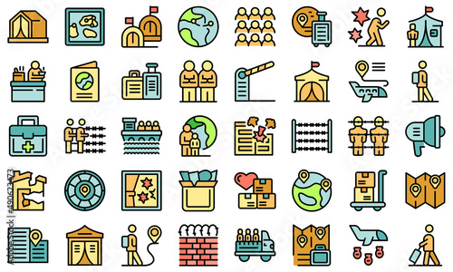 Asylum seeker icons set outline vector. Migration refugee. Abroad family