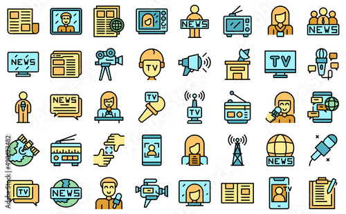 TV reporter icons set outline vector. Studio tv. Camera interview