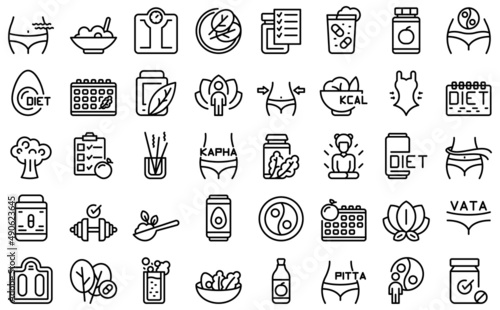 Ayurvedic diet icons set outline vector. Food eating. Cooking alternative
