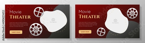 Movie theater online banner template set, cinema film roll advertisement, horizontal ad, classic event campaign webpage, flyer, creative brochure, isolated on background