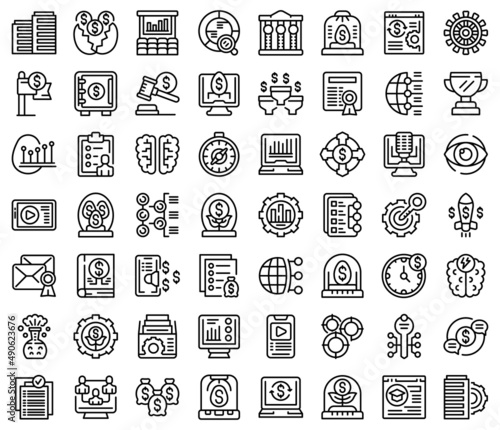 Business incubator icons set outline vector. Smart invest. Money save
