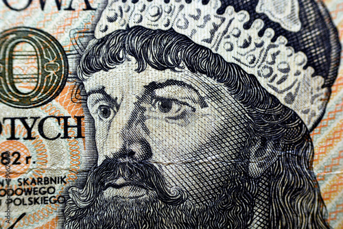 A portrait of duke Mieszko I of Cieszyn, Mieszko I of Opole from the obverse side of 2000 two thousand old Polish Zlotych banknote currency year 1982, old Polish Zloty money, Poland, vintage retro photo