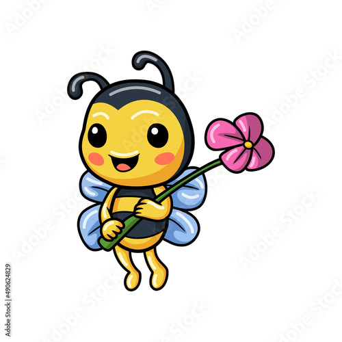 Cute little bee cartoon holding a flower