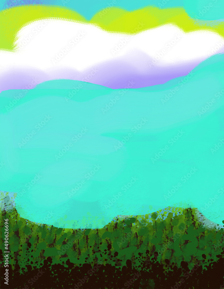 Forest and Green sky, textural illustrated landscape image with purple shaded clouds in the sky