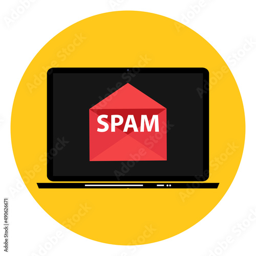 Envelope with spam. Spam Email Warning Window On Laptop Screen. Illustration