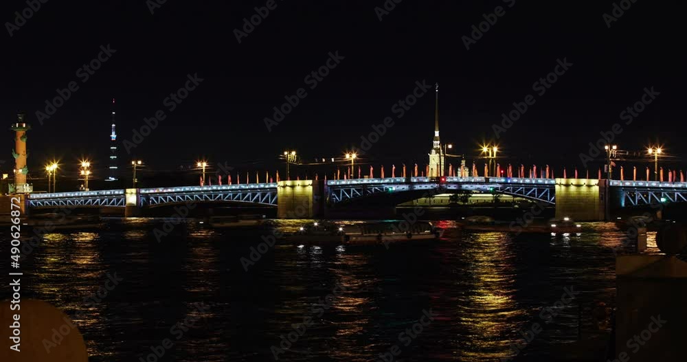 Opens rises Palace Bridge on the background of the Peter and Paul fortress, fort Petropavlovskaya, a lot of pleasure ships waiting breeding bridge time-lapse Opens rises Palace Bridge on the background of the Peter and Paul fortress, fort Petropavlovskaya, a lot of pleasure ships waiting breeding bridge time-lapse