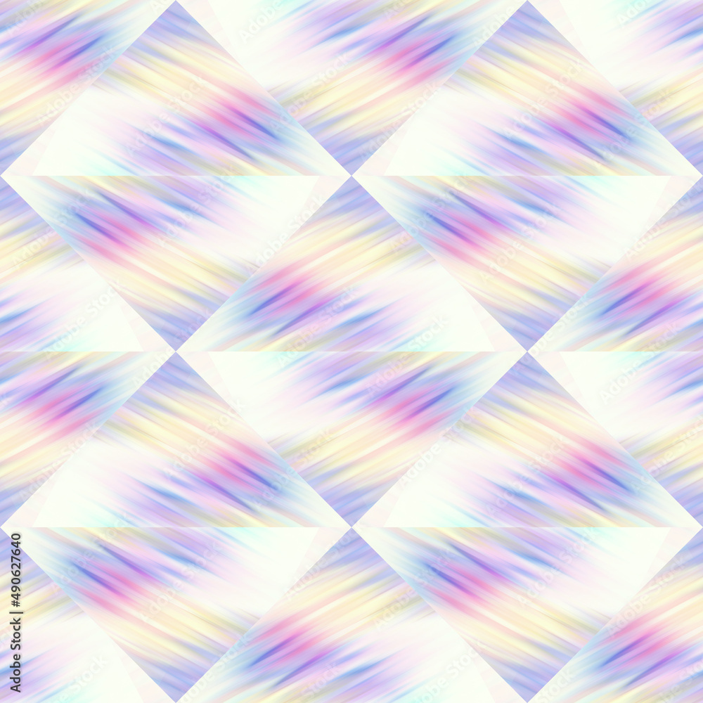 Optical glitch triangle tie dye geometric texture background. Seamless liquid flow effect patchwork grid material. Modern wet washy variegated fluid blur pattern. 