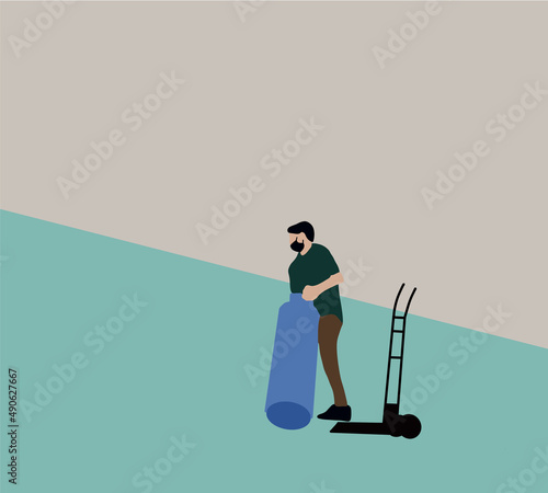 Liquefied petroleum gas cylinders with hand cart delivery at home on street. Cartoon Flat Vector Illustration.