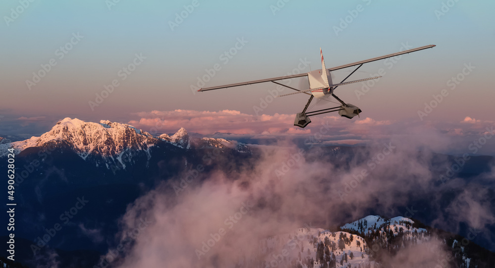 Obraz premium Single Engine Seaplane Flying over the Rocky Mountain Landscape. Sunset Sky. Adventure Composite. 3D Rendering Plane. Aerial Background from British Columbia near Vancouver, Canada.