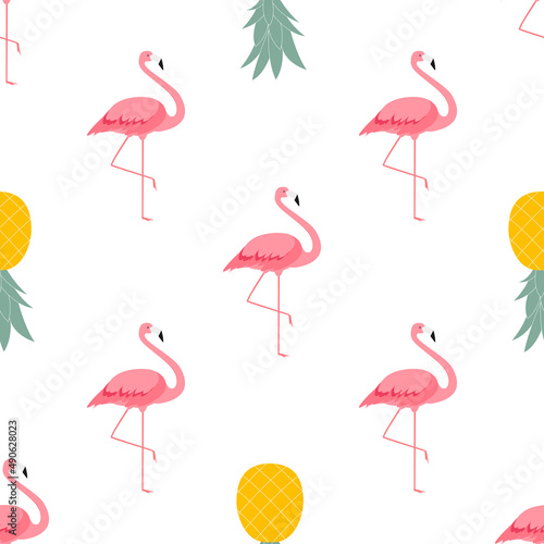 Colorful Pink Flamingo and Pineapple Seamless Pattern Background. Illustration. © olegganko