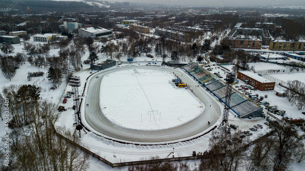 Outdoor stadium in winter from a bird's-eye view