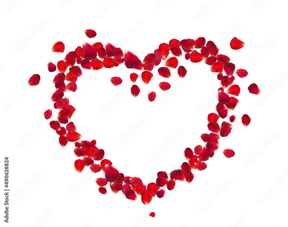 Heart Shape with Rose Petals isolated on white background. Illustration.