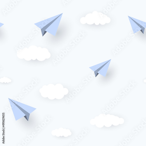 Paper Airplane and Clouds Seamless Pattern Background Illustration