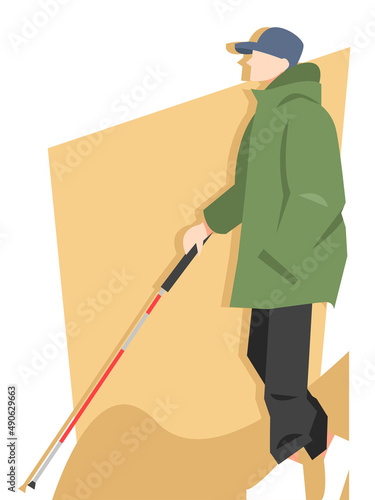 Illustration of a blind person walking with a white cane. Persons with disabilities. Flat vector style.
