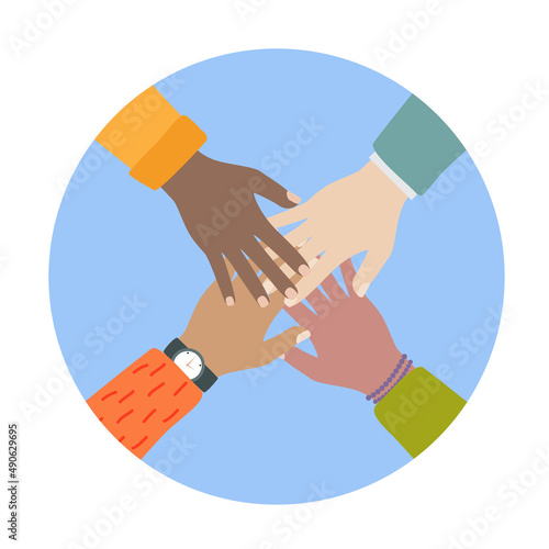 Multicultural and multiethnic people community integration concept with raise...