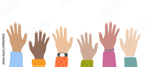 Multicultural and multiethnic people community integration concept with raised human hands. Racial equality of different culture and countries background. Illustration