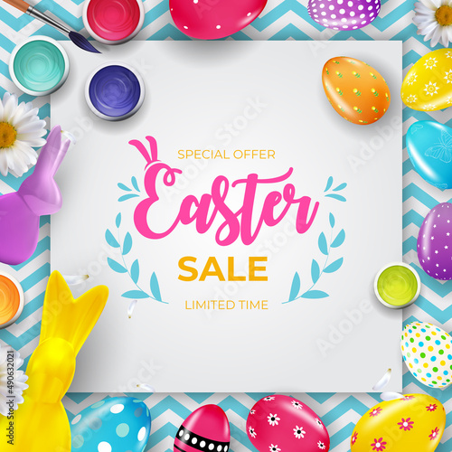 Easter sale poster template with 3d realistic Easter eggs and paint. Template...