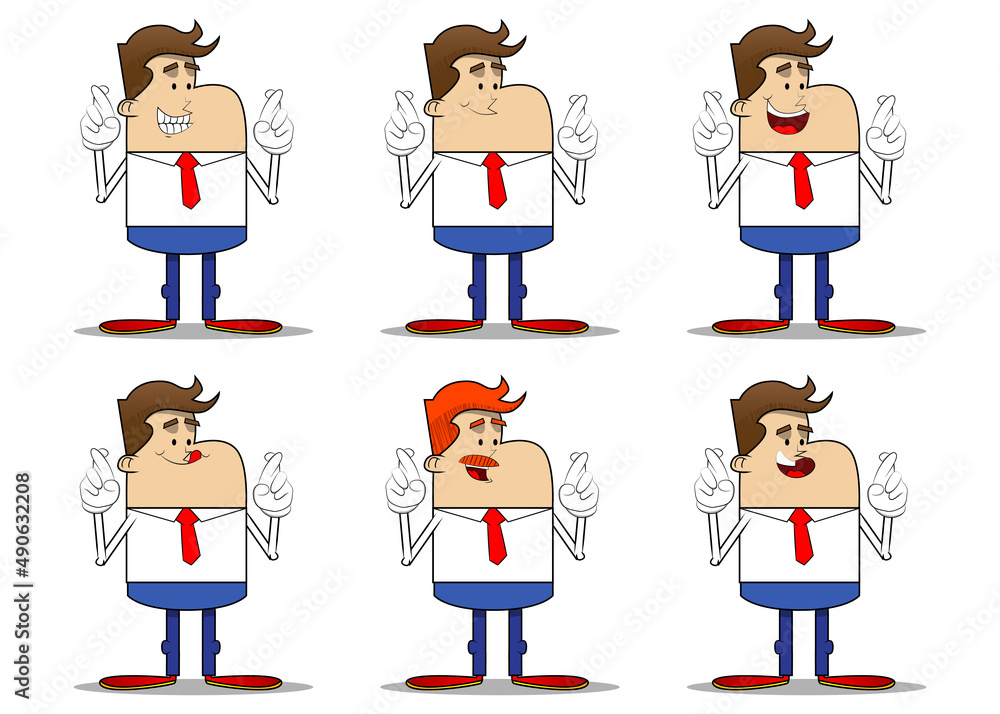 Simple retro cartoon of a businessman crossing his fingers and wishing for good luck. Professional finance employee white wearing shirt with red tie. Simple retro cartoon of a businessman crossing his fingers and wishing for good luck. Professional finance employee white wearing shirt with red tie.