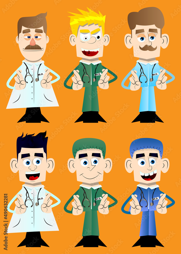 Funny cartoon doctor crossing his fingers and wishing for good luck. Vector illustration. Funny cartoon doctor crossing his fingers and wishing for good luck. Vector illustration.