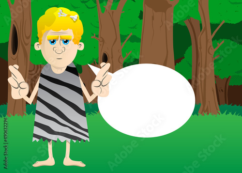 Cartoon prehistoric man crossing his fingers and wishing for good luck. Vector illustration of a man from the stone age.