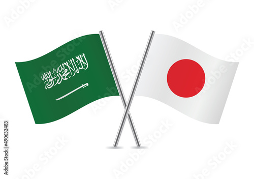 Saudi Arabia and Japan crossed flags. Saudi Arabian and Japanese flags, isolated on white background. Vector icon set. Vector illustration.