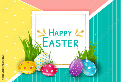 Easter poster template with 3d realistic Easter eggs. Template for advertisin...