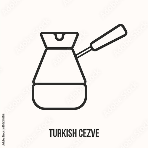 Turkish Cezve. Coffee cezve line icon. Turkish coffee brewing icon. Turkish cezve coffee maker tool.