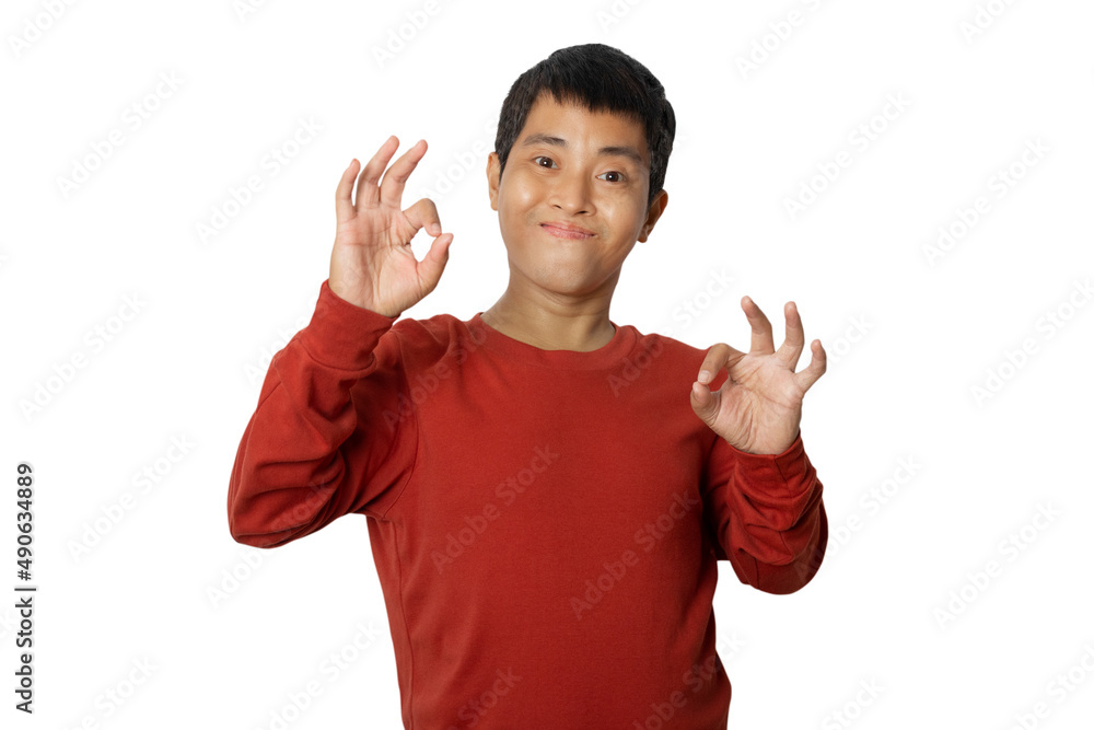 Asian young man showing ok sign isolated on white background. Asian young man showing ok sign isolated on white background.