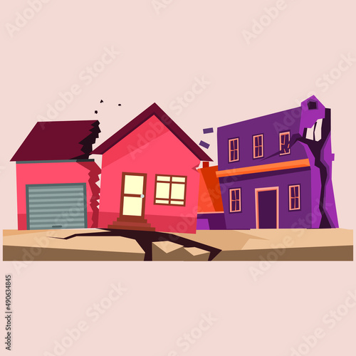 Earthquake Disaster with ground crevices and small destroyed town houses. Colored flat vector illustration.