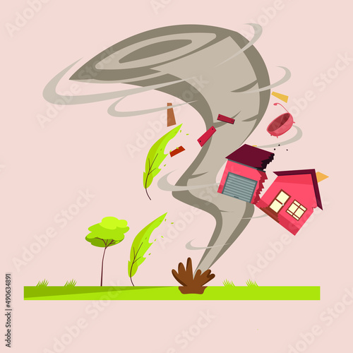 Tornadoes destroy civilian buildings. Hurricane storm in rural landscape. Natural Disaster Waterspout in field vector illustration.