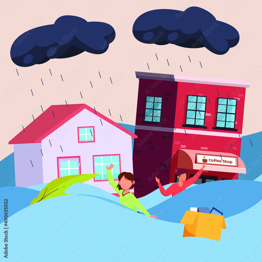 Heavy Rain in the city, natural disaster. Water on the road, Buildings and houses in the city flood and people are washed away Vector illustration in cartoon style.