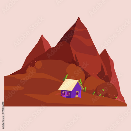 Landslide mountains landscape. Natural Disaster. Colored flat vector illustration.
