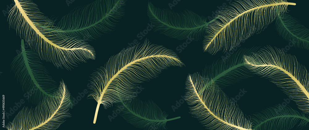 Luxury gold feather on green background. Golden line art with bird feathers  hand drawn wallpaper. Shining and elegant design for banner, decoration,  wall art, invitation, wedding and fabric. Stock Vector | Adobe
