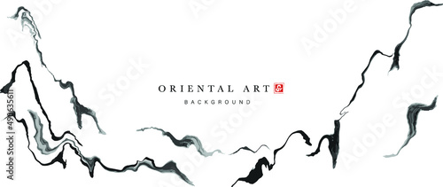 Abstract black ink painting on white background in traditional Japanese style. Oriental wallpaper with black watercolor brush texture. Asian design for banner, wall art, decoration, poster and print.
