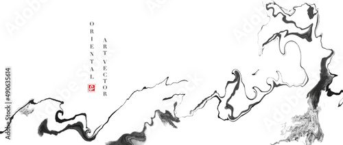 Abstract black ink painting on white background in traditional Japanese style. Oriental wallpaper with black watercolor brush texture. Asian design for banner, wall art, decoration, poster and print.