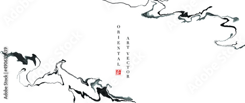 Abstract black ink painting on white background in traditional Japanese style. Oriental wallpaper with black watercolor brush texture. Asian design for banner, wall art, decoration, poster and print.