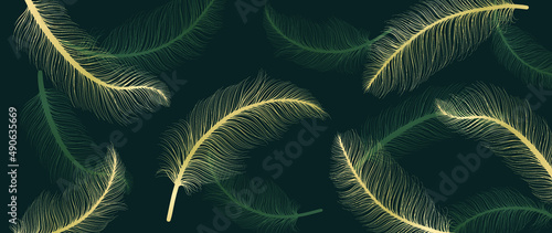 Luxury gold feather on green background. Golden line art with bird feathers hand drawn wallpaper. Shining and elegant design for banner, decoration, wall art, invitation, wedding and fabric.