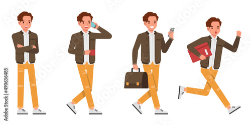 Set of businessman character vector design. Presentation in various action. People working in office planning, thinking and economic analysis.